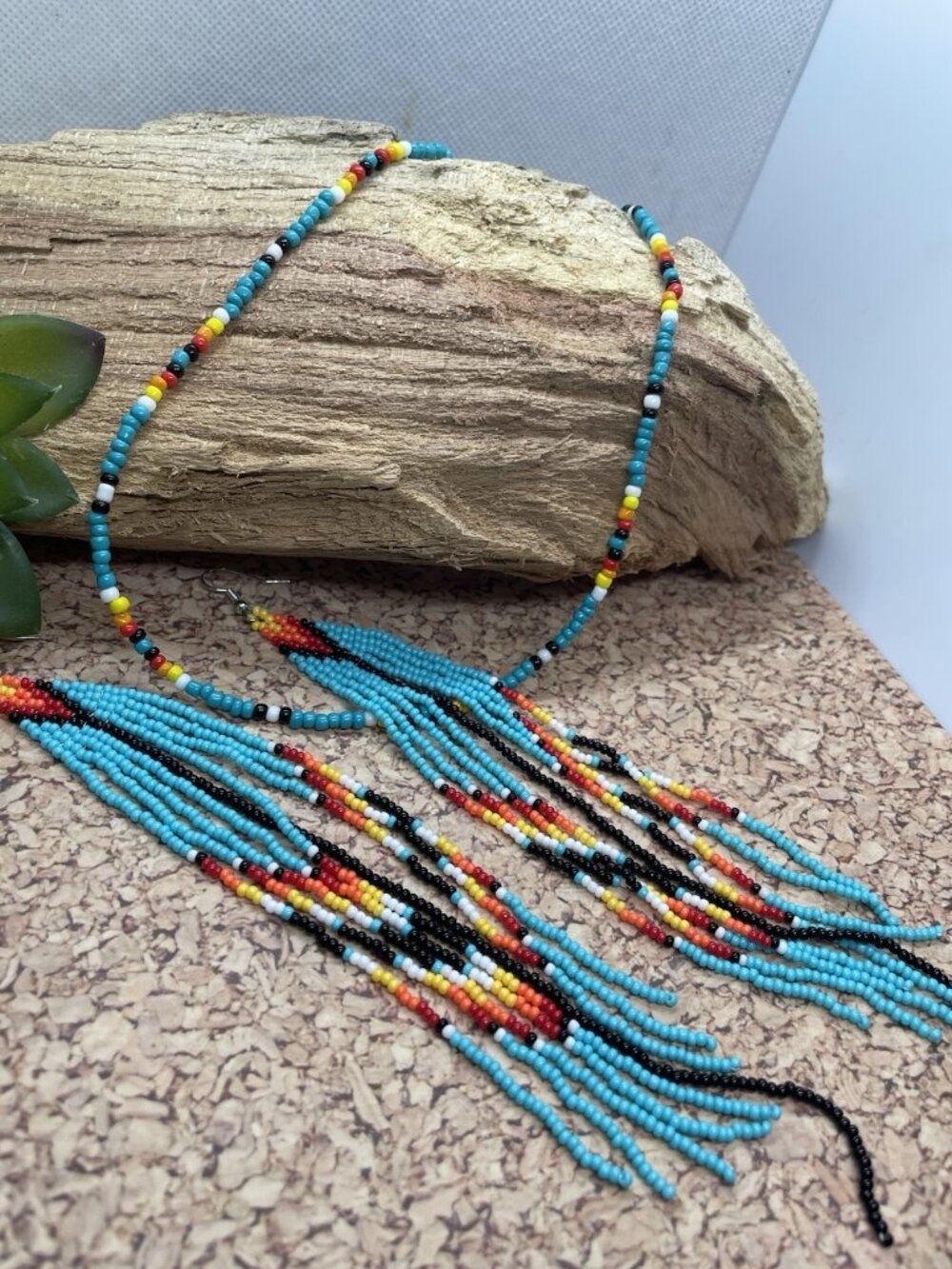 TURQUOISE 7" Handmade Earrings Fun Seed Bead Necklace Set Boho Choker Beach - Picture 6 of 7